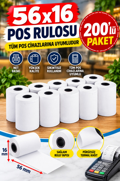 56x16 Termal POS Rulosu 200’lü Paket – Tüm POS Cihazlarıyla Uyumlu