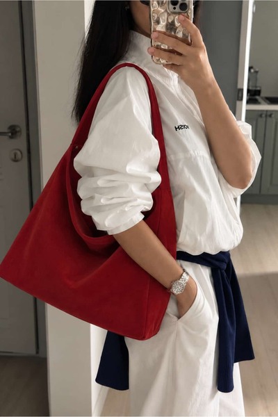 Yuka Atelier Süet Creme Salaş Görünümlü Shopper Çanta - Kırmızı