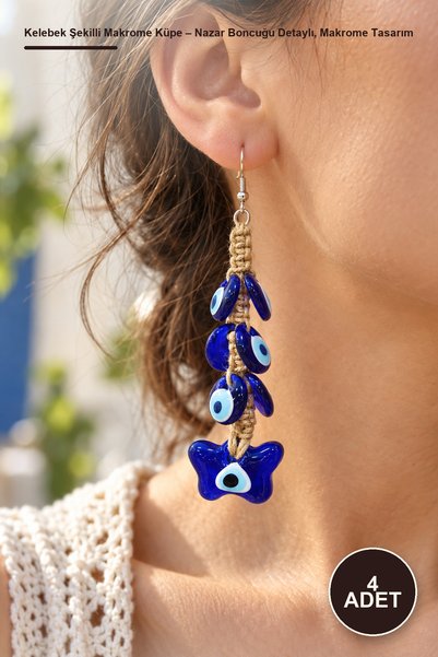 Yenilig 4 Adet Kelebek Şekilli Makrome Küpe – Nazar Boncuğu Detaylı, Makrome Tasarım, Küpe Aksesuarı, Kelebek Earring Butterfly Charm Evil Eye