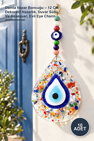 10 Adet Damla Nazar Boncuğu – 12 CM Dekoratif Nazarlık, Duvar Süsü Ve Aksesuar, Evil Eye Charm