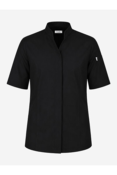 Kadın Slim Fit Kısa Kollu Gizli Patlı Aşçı Ceketi – V-Yaka Şef Ceketi - Beyaz / Siyah - İsim Nakış Hediyeli