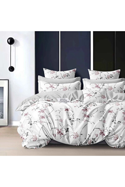 decorami Double bed linen with Stretchy, Finet, 6 pieces, White Grey, popcorn