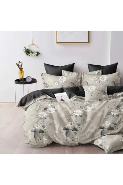 decorami Double bed linen with Stretchy, Finet, 6 pieces, Beige, Gray, flowers
