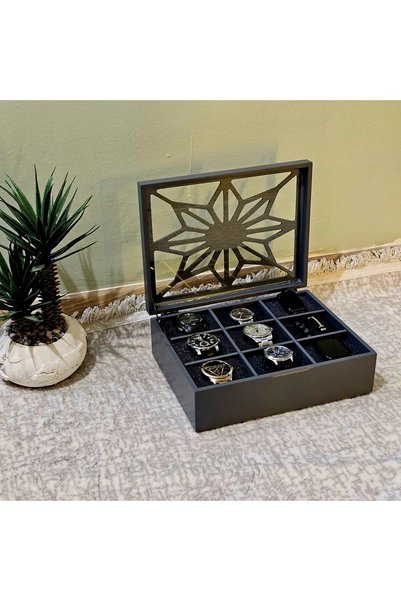 Tekir Store evinizi güzelleştirin Wooden 9-Compartment Watch Box Decorative Glass Watch Accessory Storage Box Organizer
