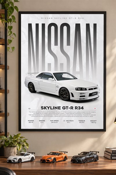 Kessy Home Studio Nissan Skyline GT-R R34 Siyah Çerçeveli Araba Tablosu Genç ...