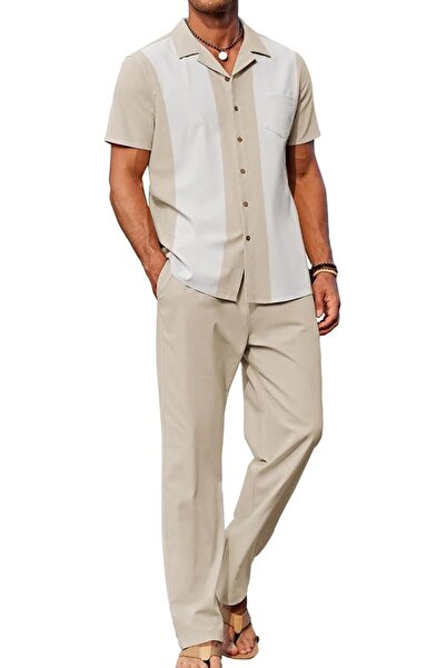 COOFANDY Men 2 Piece Linen Outfit Beach Button Down Shirt Casual Loose Pant Sets