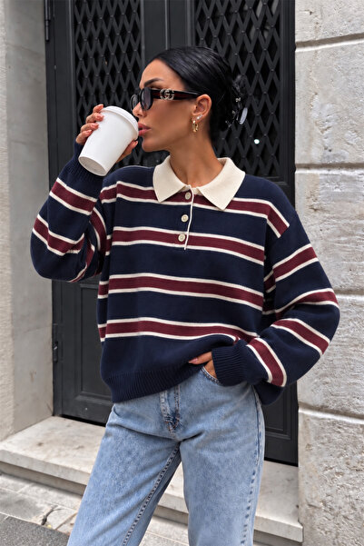 SERABLANKA Polo Collar Striped Women's Oversize Knitwear Sweater