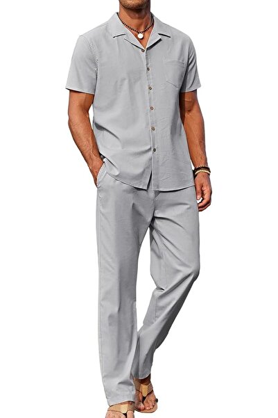 COOFANDY Men 2 Piece Linen Outfit Beach Button Down Shirt Casual Loose Pant Sets
