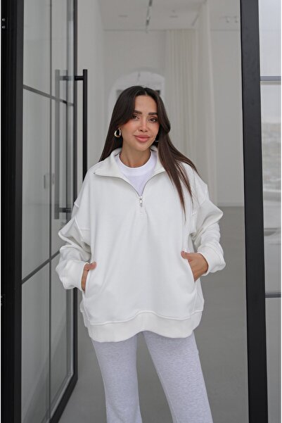 Havoş Ecru Zippered High Collar Sweatshirt
