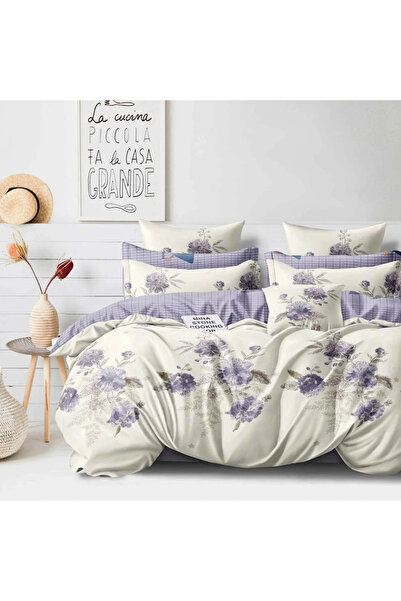 decorami Double bed linen with Stretchy, Finet, 6 pieces, Cream, Purple, popcorn
