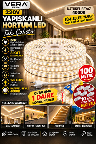 100 MT 4000 kelvin DOĞAL BEYAZ NATUREL BEYAZ 220 volt yapışkanlı şerit led ( istediğin yerden kes kullanmaya devam et 10 soket hediyeli )