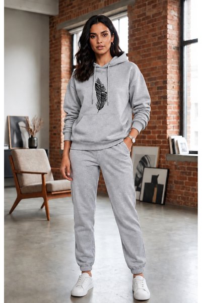 CLOTHES33 Hooded Tracksuit 2-Piece Combination Winter Sharp Feather Printed W...