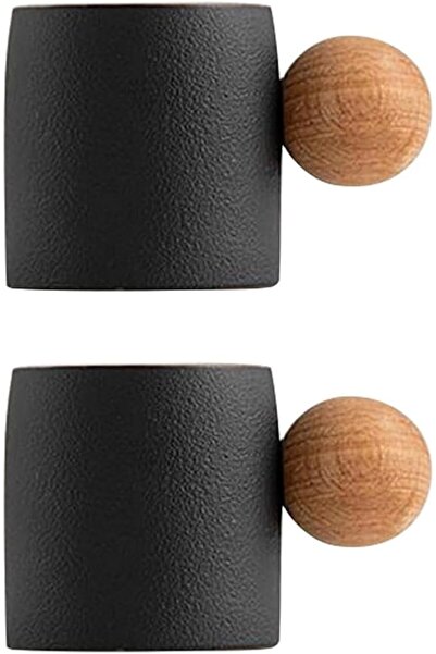 Yelajoy 2Pcs Ceramic Espresso Cups with Wooden Handle, Porcelain Demitasse Cu...