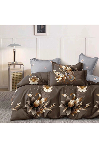 decorami Double bed linen with Stretchy, Finet, 6 pieces, Brown, flowers