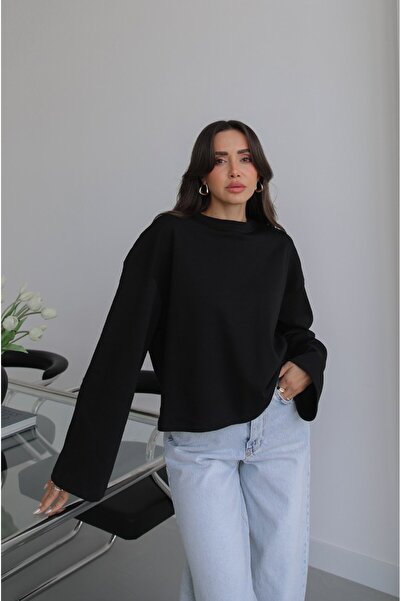 Havoş Siyah İspanyol Kol Basic Sweatshirt
