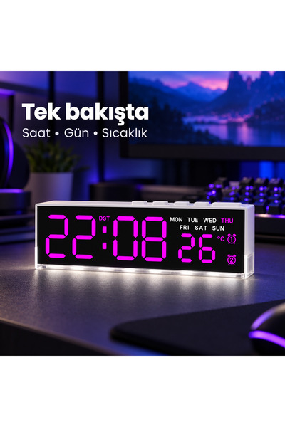 Akıllı Led Dijital Masa Saati Mor Renk