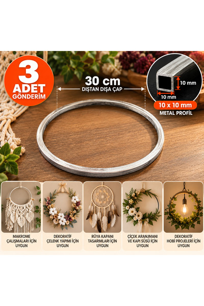 Home 30 cm Metal Çember 3’lü Set – 10x10 mm Ham Metal Dekoratif Çember – Makr...