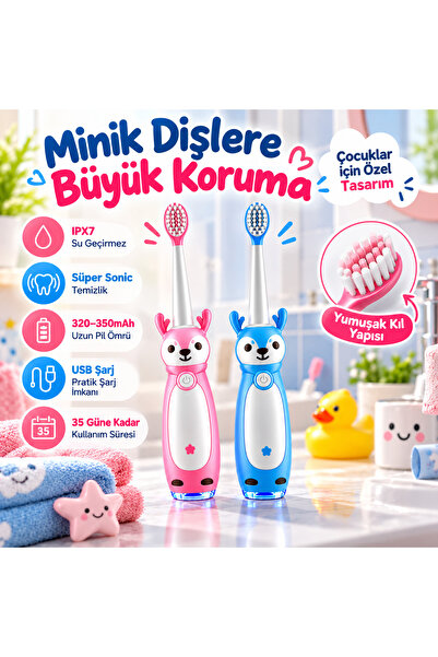 Çocuklar İçin Şarjlı Sonic Elektrikli Diş Fırçası – 3 Modlu, IPX7 Su Geçirmez, Yumuşak Kıllı, MAVİ