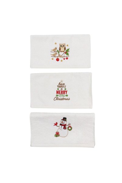 Caressa Set Prosoape Bucatarie Craciun, 3 Bucati, 30 x 50 cm, Bumbac 500 g/mp, Broderie Om de Zapada, Bufnita si Mesaj de Sarbatori, Alb