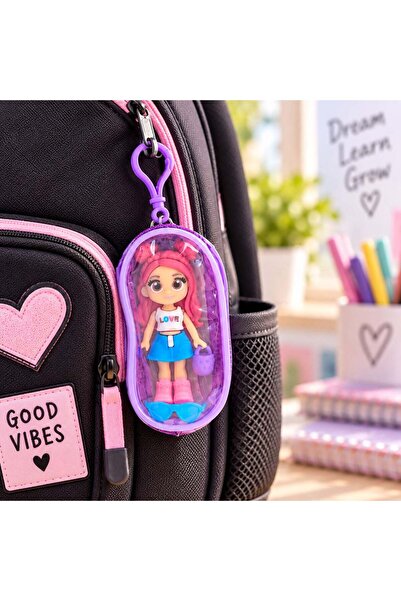 OEM Breloc Charm Portofel Transparent Mov cu Figurina Fata cu Par Roz 16cm