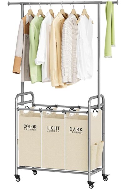 Tajsoon Laundry Sorter Cart with Hanging Clothes Rack, 4 Butler Sorter Basket...