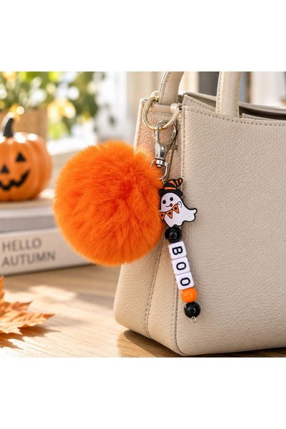 OEM Breloc Halloween Charm cu Pompon Portocaliu Fantoma si Margele "Boo" 12cm