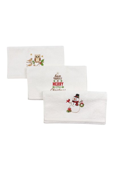 Caressa Set Prosoape Bucatarie Craciun, 3 Bucati, 30 x 50 cm, Bumbac 500 g/mp, Broderie Om de Zapada, Bufnita si Mesaj de Sarbatori, Alb