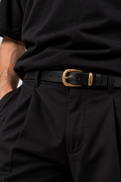 derikem Men's 100% Genuine Leather Thin Antique Yellow Buckle Belt 2.5 cm