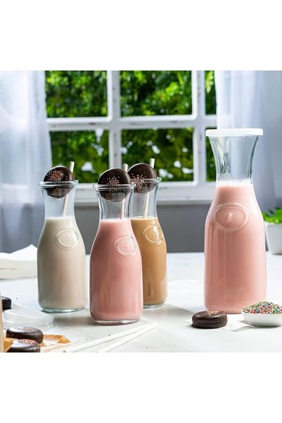 Home Zone Set of 4 - Glass Carafe Glass Pitcher 1 Liter Beverage Drink Dispensers with Plastic Lid,