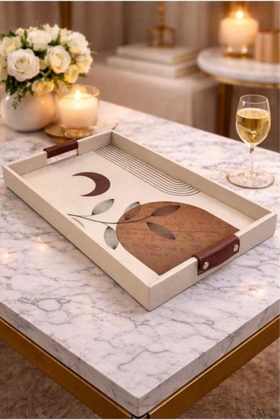 Home By SS Premium Leather Printed Rectangular Wooden Decorative Serving Tray with Leather Handles | 52x32x4.5 cm Large Size | Premium Coffee Table, Ottoman & Breakfast Tray- Bohemian Style