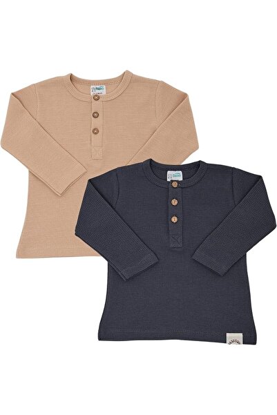 GENERAL Pack of 2 Long Sleeve Kids T-Shirts with Buttons 100% Cotton - Soft a...