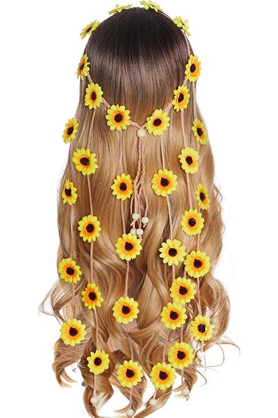 GENERAL Yellow Sunflower Flower Hippie Headband, 70s Bohemian Floral Crown, V...