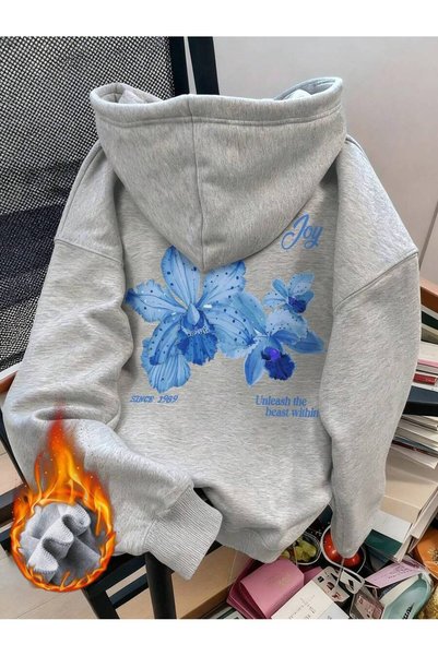 modaberry Gray Back Floral Pattern Sweatshirt - Printed Oversize Hooded Sweat...
