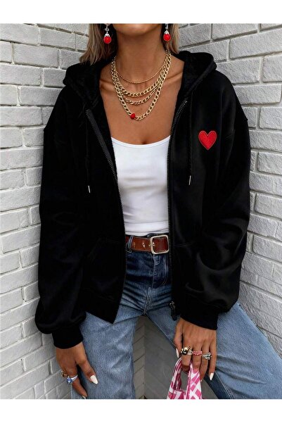 modaberry Mini Heart Logo Sweatshirt Zipper Cardigan - Printed Oversize Pocke...