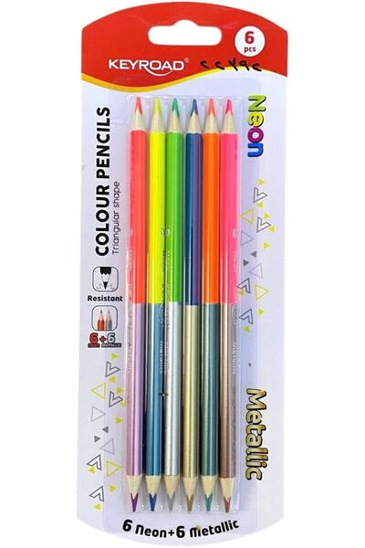 KEYROAD Duo Neon & Metallic Triangle Pencil Set, 6 Colors, Vibrant Hues for C...