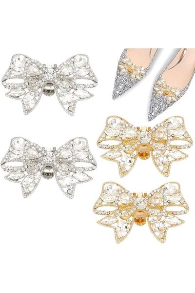 Tazweeq 4pcs 2 Colors Bowknot Metal Shoe Clips, Removable Sparkling Shoe Buck...