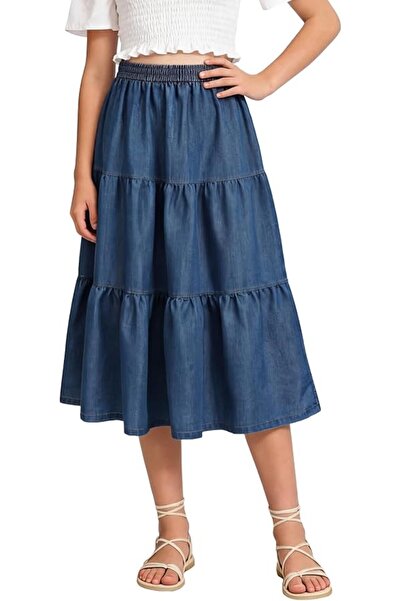 GENERAL SEAUR Girls Jean Skirt Tiered Ruffle Hem Elastic Waist A-Line Denim S...