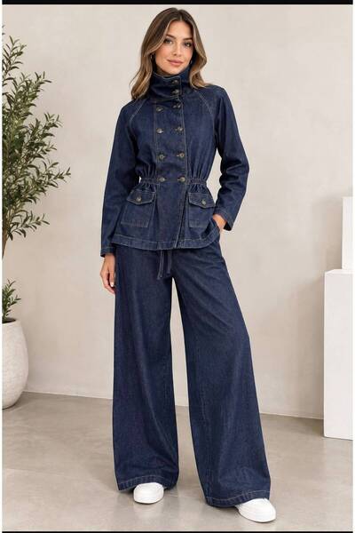 trendalisse Dark Navy Blue Stand Collar Denim Suit Oversized Jacket and High ...