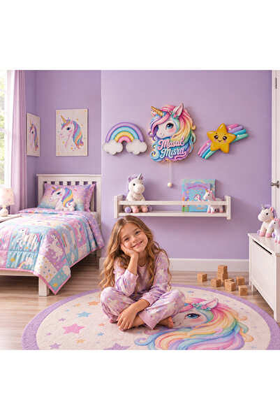 İsimli Gökkuşağı Unicorn 3 Parça LED Ahşap Dekor Seti - 40 cm