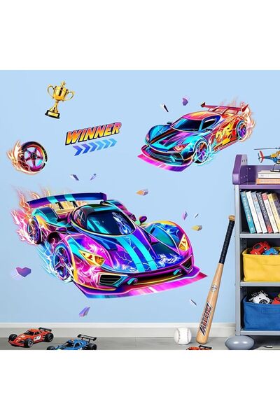 TERRIFI 3D Colorful Racing Car Wall Decals, Peel‑and‑Stick Removable Wall Sti...