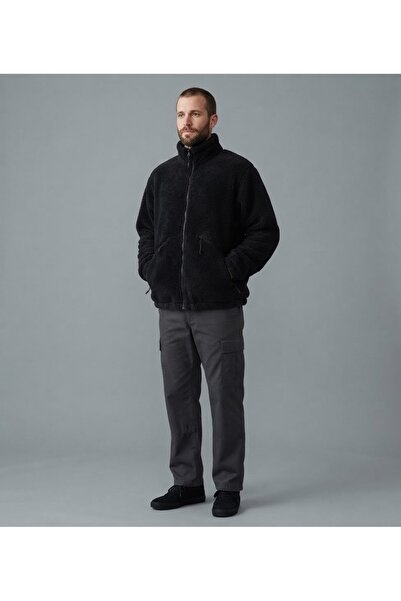MODA Winter Men's Black Zippered High Collar Pocket Plush Fleece Jacket