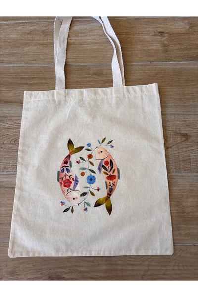 BİLGENS BUTİK Natural Cotton Raw Fabric Figure Printed Practical Bag (35X41 cm)