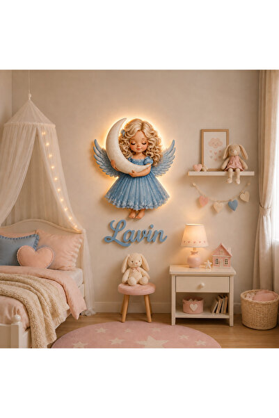 İsimli Mavi Melek LED Ahşap Gece Lambası - 40 cm