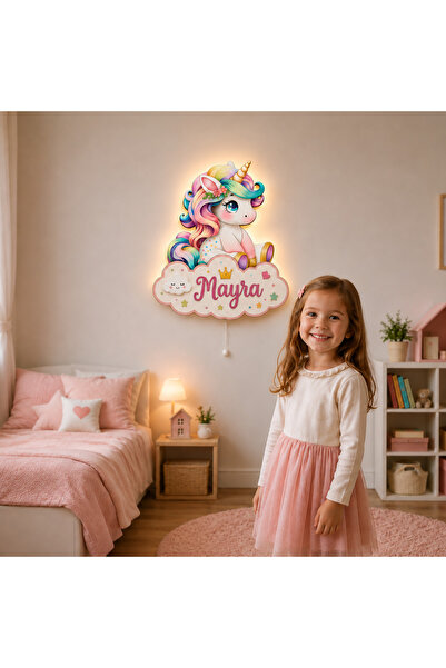 İsimli Bulutlu Unicorn LED Ahşap Gece Lambası Model 2 - 60 cm
