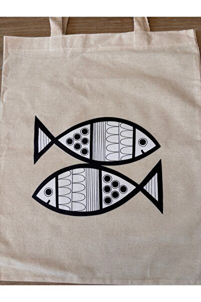 BİLGENS BUTİK Natural Cotton Raw Fabric Figure Printed Practical Bag (35X41 cm)