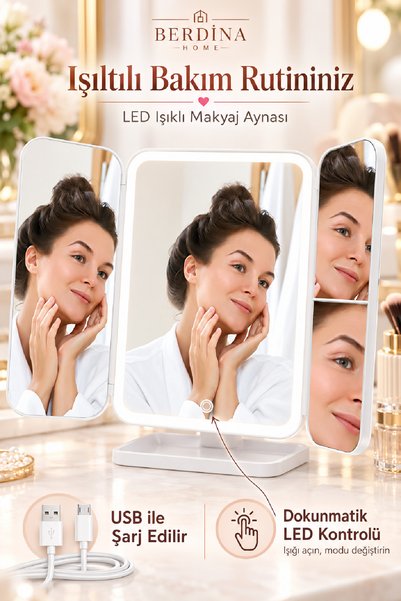 Berdina Home LED Işıklı Kapaklı Makyaj Aynası Çoklu Büyüteçli Dokunmatik Kontrollü Katlanabilir Masaüstü Tasarım