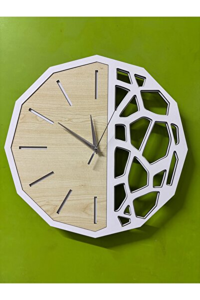 Nixar Desing Geometrik Duvar Saati Ahşap Desenli Siyah Modern Dekoratif Sessiz Akar Saniye 41 cm Lazer Kesim MDF