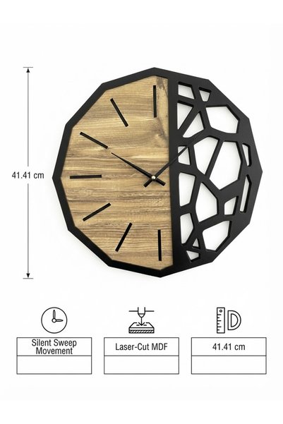 Nixar Desing Geometrik Duvar Saati Ahşap Desenli Siyah Modern Dekoratif Sessiz Akar Saniye 41 cm Lazer Kesim MDF