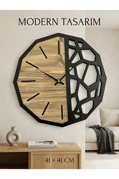Nixar Desing Geometrik Duvar Saati Ahşap Desenli Siyah Modern Dekoratif Sessiz Akar Saniye 41 cm Lazer Kesim MDF