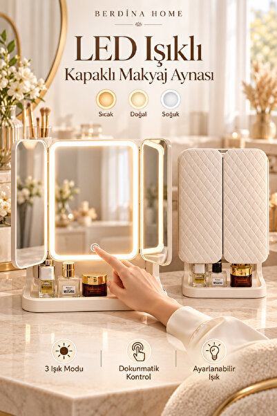 Berdina Home LED Işıklı Kapaklı Makyaj Aynası Çoklu Büyüteçli Dokunmatik Kontrollü Katlanabilir Masaüstü Tasarım